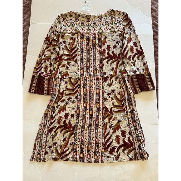 NWT Soft Surroundings Tunic Small Brown Fall Print Gold Button Side Knit Sleeves - Picture 8 of 14